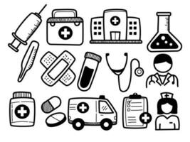 Set of medical elements with hand-drawn style isolated on white background. Medical doodle collection vector