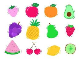 Set of fruit doodles with colorful designs isolated on white background. Cute fruits vector illustrations