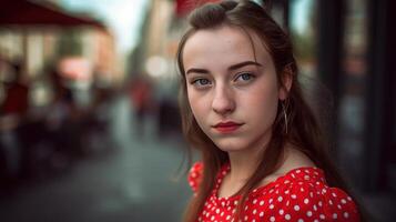 niña estudiante modelos en rojo polca punto vestir cerca arriba generativo ai foto