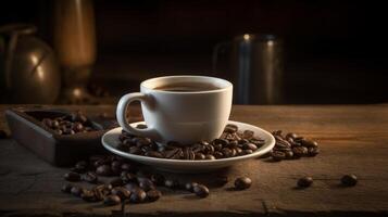 photo of coffee cup on a wooden table with coffee bean