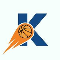 Letter K Basketball Logo Concept With Moving Basketball Icon. Basket Ball Logotype Symbol vector