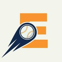 letra e concepto de logotipo de béisbol con plantilla de vector de icono de béisbol en movimiento