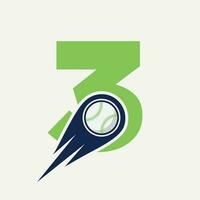 concepto de logotipo de béisbol de letra 3 con plantilla de vector de icono de béisbol en movimiento