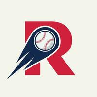 letra r concepto de logotipo de béisbol con plantilla de vector de icono de béisbol en movimiento