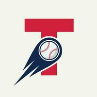 concepto de logotipo de béisbol letra t con plantilla de vector de icono de béisbol en movimiento