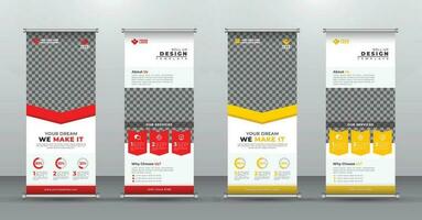 rojo y amarillo publicidad enrollar bandera diseño vertical modelo. vector, resumen geométrico fondo, moderno x-banner y estandarte de la bandera, rectángulo tamaño. vector