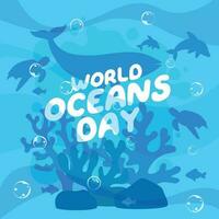 world oceans day design template for celebration. ocean day vector design. ocean illustration with fish turtle whale and dolphin.