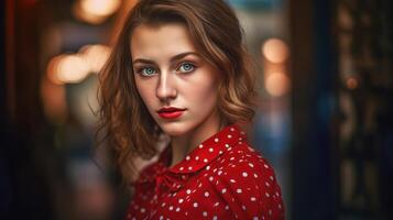 Shot of Girl Student models in Red Polka Dot Dress photo