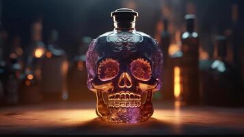 delicious tequila in skull type bottle standing on a calavera photo