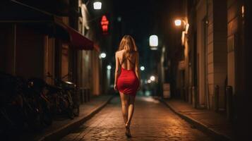 athletic woman in tight red sparkling dress photo