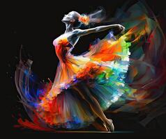 Ballet dancer splash colorful illustration, black background with copy space. photo