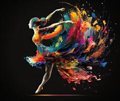 Ballet dancer splash colorful illustration, black background with copy space. photo