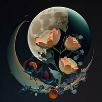 Multi dimensional realistic and paper cut craft, paper illustration, crescent moon, detailed flowers and stars, and planet. photo