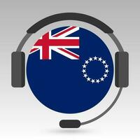 Cook Islands flag with headphones, support sign. Vector illustration.