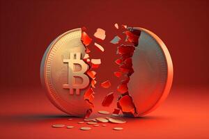 Coin bitcoin is broken in half on red background photo
