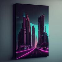 Futuristic of neon glowing in circular shape, cityscape. Cyberpunk in buildings view with digital design. . photo