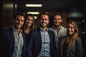 un grupo de negocio personas sonriente en el oficina con generativo ai foto