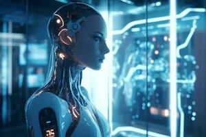 Robot portrait in the lab room technology futuristic with Ai Generator photo