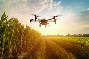 Agricultural drones fly in corn fields with Ai Generator photo