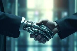 handshake between two businessmen human with a robot with Ai Generator photo