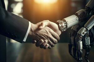 business people shaking hands between humans and robots with AI Generator photo
