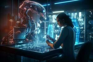 Women connecting Ai robot in the lab room with Ai Generator photo