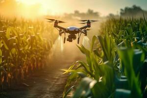 A drone spraying fertilizer in a corn field with Ai Generator photo