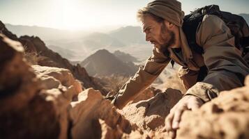 un hombre vistiendo un mochila es excursionismo en un montaña. generativo ai foto