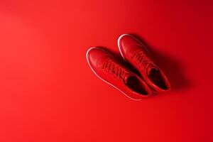 Pair of new stylish red sneakers on red background. International Red Sneakers Day. photo