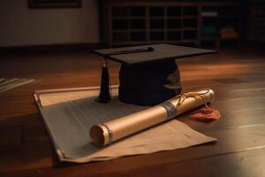 A black graduation cap sits on top of a book on a wooden table. photo