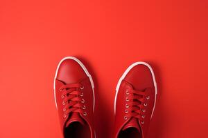 Pair of new stylish red sneakers on red background. International Red Sneakers Day. photo