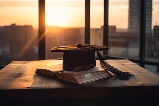 un graduación gorra y un Desplazarse en un pedazo de papel generativo ai foto