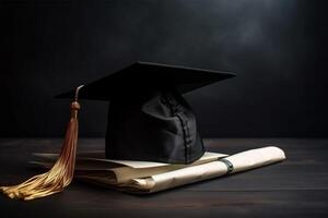 un graduación gorra y un Desplazarse en un pedazo de papel generativo ai foto