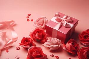 Pink gift box tide with red ribbons and rose flowers on pink background, mother's day or father's day or holly day photo