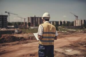 labor día. un construcción trabajador mirando a un plan en un construcción sitio. generativo ai foto