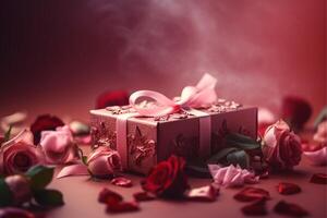 rosado regalo caja marea con rojo cintas y Rosa flores en rosado fondo, de la madre día o del padre día o acebo día generativo ai foto
