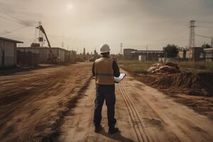 labor día. un construcción trabajador mirando a un plan en un construcción sitio. generativo ai foto