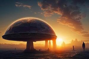 Abstract Fantasy Science Fiction Landscape, Circular Earth Red Planet. Illustration. photo