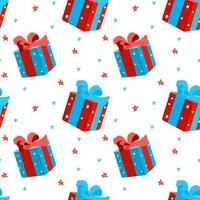 Christmas seamless pattern with New Year s gifts on a white background. Christmas and Happy New Year background. Vector design template. Season greeting.