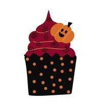 Fancy chocolate Halloween cupcake decorated with pumpkin and cobwebs isolated on a white background. Flat style. Vector illustration.