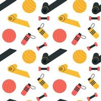 Seamless pattern of fitness inventory and accessories. Hand drawn vector illustration isolated on background. Flat style.