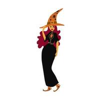 Cute witch with a broom in her hands. Vector illustration. Decorative element for Halloween