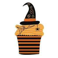 Fancy chocolate Halloween cupcake decorated with pumpkin and cobwebs isolated on a white background. Flat style. Vector illustration.