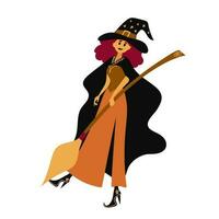 Cute witch with a broom in her hands. Vector illustration. Decorative element for Halloween