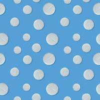 White pills on a blue background. Seamless pattern. The concept of treatment and recovery. A health design element for apps, websites and social networks. Vector illustration