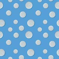 blanco pastillas en un azul antecedentes. sin costura modelo. el concepto de tratamiento y recuperación. un salud diseño elemento para aplicaciones, sitios web y social redes vector ilustración