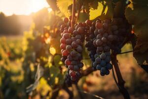 A bunch of grape are hanging from a vine in a vineyard at sunset light. photo