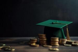 A green graduation cap sits on a table with stacks of gold coins on it. photo