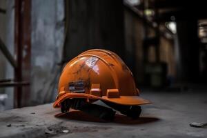 labor day. Safety Construction Worker Hat isolated on blurred industry background. photo