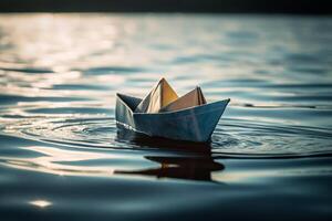 un papel barco flotante en el agua. generativo ai foto